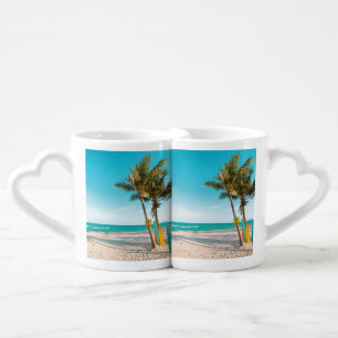 Surf boards on beach throw pillow coffee mug set