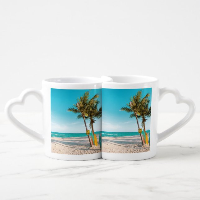 Surf boards on beach throw pillow coffee mug set (Front Nesting)