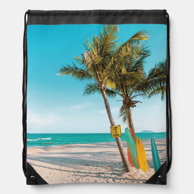 Surf boards on beach throw pillow drawstring bag (Front)