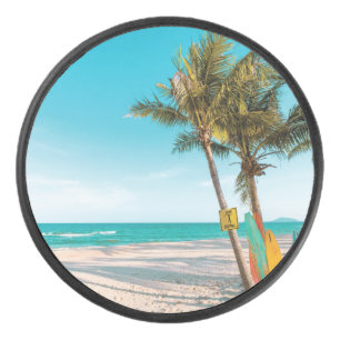Surf boards on beach throw pillow hockey puck