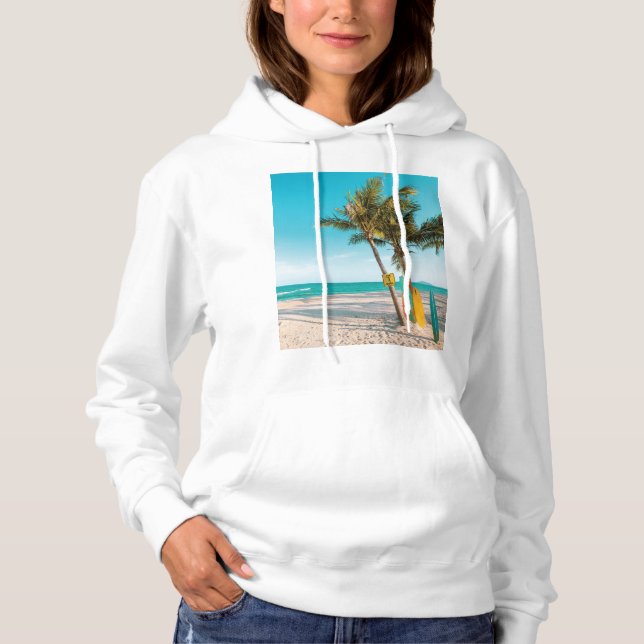Surf boards on beach throw pillow hoodie (Front)