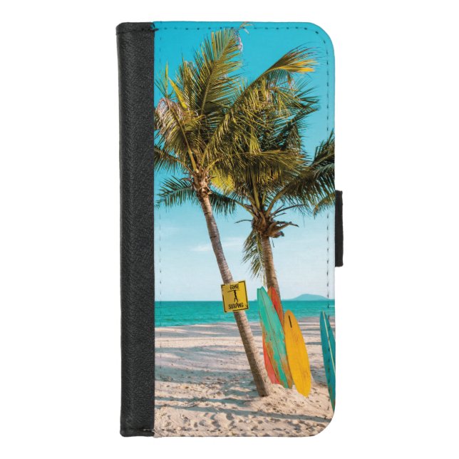 Surf boards on beach throw pillow iPhone wallet case (Front)