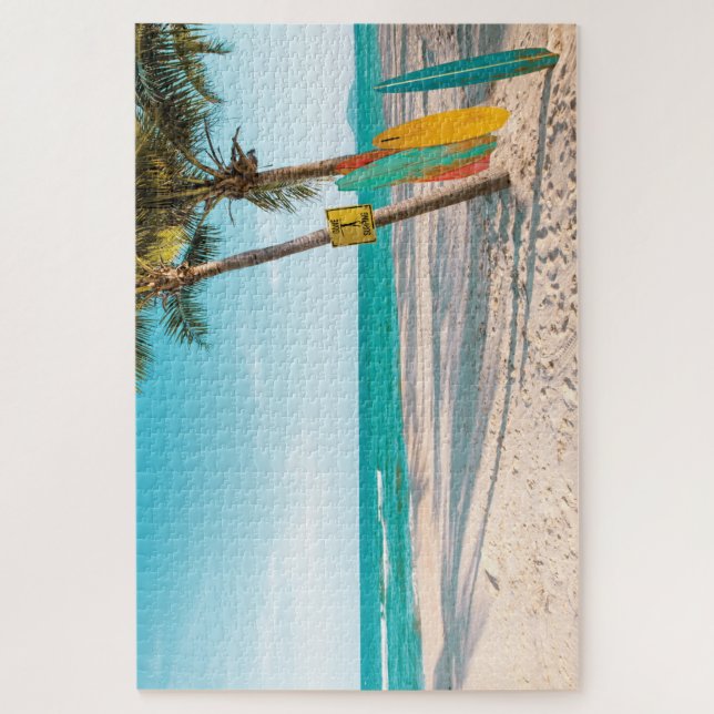 Surf boards on beach throw pillow jigsaw puzzle (Vertical)