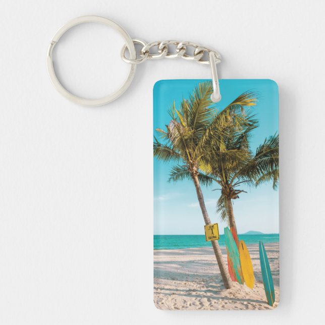 Surf boards on beach throw pillow keychain (Front)