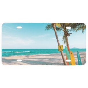 Surf boards on beach throw pillow license plate