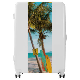 Durable luggage tag Palm Tree Decor Tropical Beach Serenity in Nature Exotic Fruit Coconut Rock Seascape Print Unisex Green Brown W2.7 x L4.6