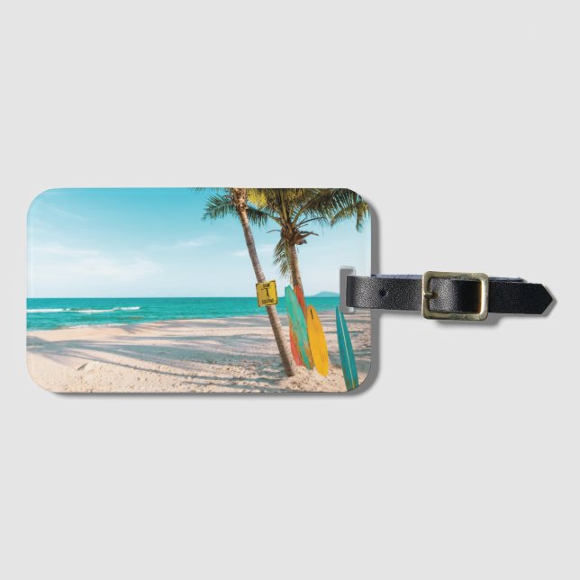 Surf boards on beach throw pillow luggage tag (Front Horizontal)