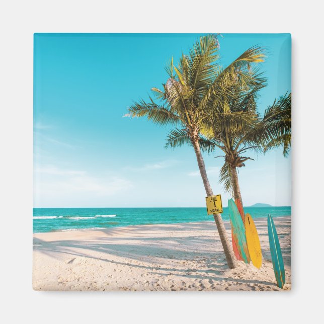 Surf boards on beach throw pillow magnet (Front)