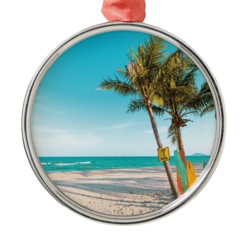 Surf boards on beach throw pillow metal ornament