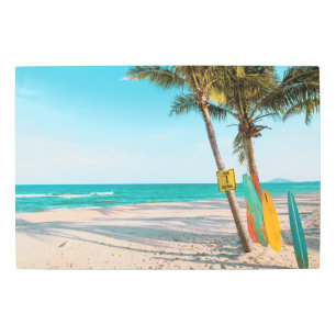 Surf boards on beach throw pillow metal print