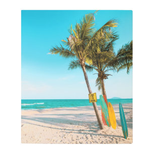 Surf boards on beach throw pillow metal print