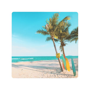 Surf boards on beach throw pillow metal print