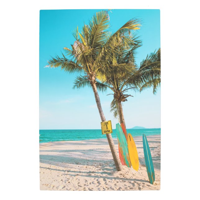 Surf boards on beach throw pillow metal print (Front)