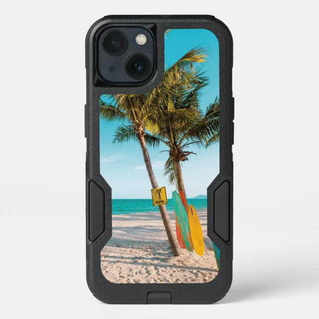 Surf boards on beach throw pillow otterbox iPhone case (Back)