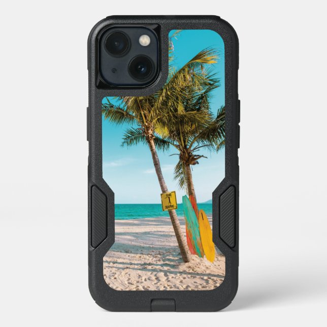 Surf boards on beach throw pillow otterbox iPhone case (Back)