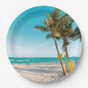 Surf boards on beach throw pillow paper plates