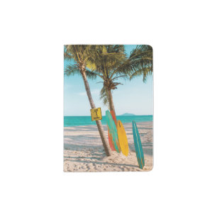 Surf boards on beach throw pillow passport holder