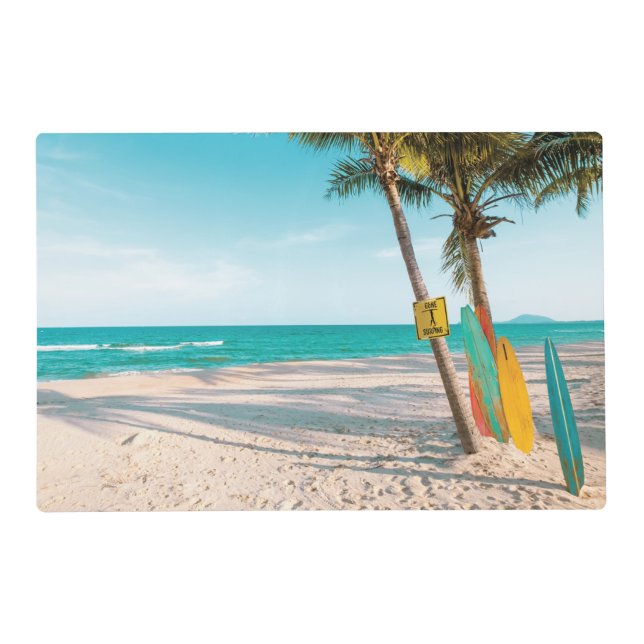 Surf boards on beach throw pillow placemat (Front)