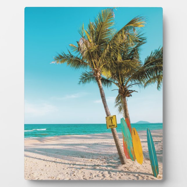 Surf boards on beach throw pillow plaque (Front)