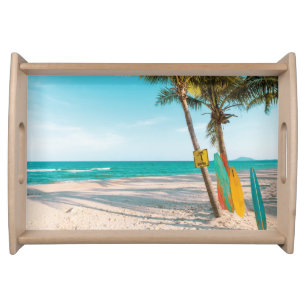 Surf boards on beach throw pillow serving tray