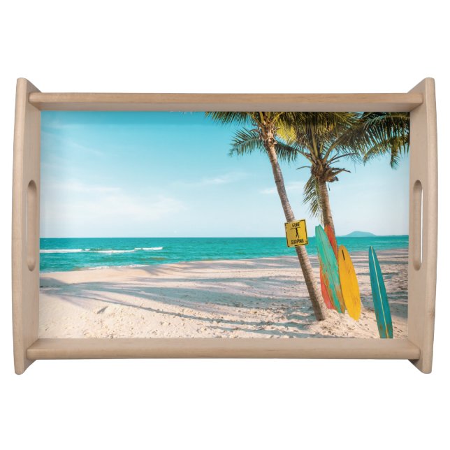 Surf boards on beach throw pillow serving tray (Front)