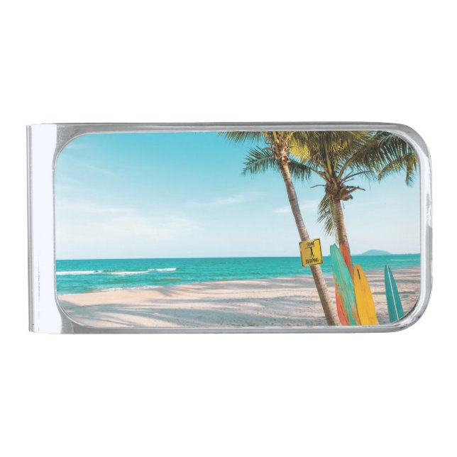 Surf boards on beach throw pillow silver finish money clip (Front)