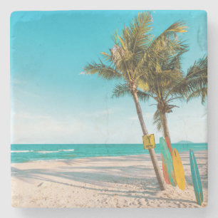 Surf boards on beach throw pillow stone coaster