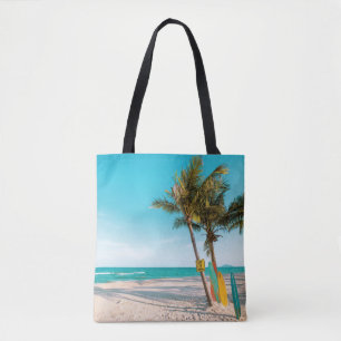Surf boards on beach throw pillow tote bag