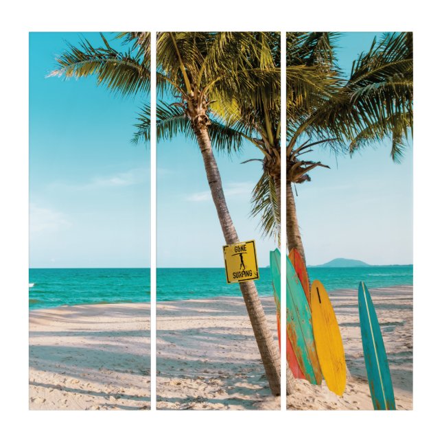 Surf boards on beach throw pillow triptych (Front)