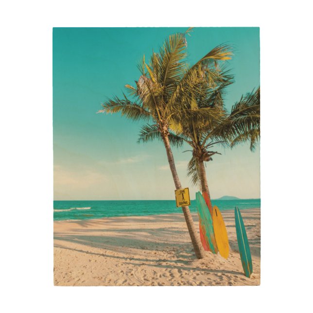 Surf boards on beach throw pillow wood wall art (Front)