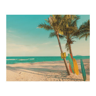 Surf boards on beach throw pillow wood wall art