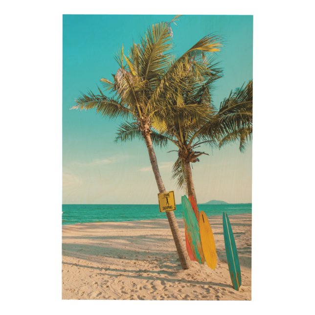 Surf boards on beach throw pillow wood wall art (Front)