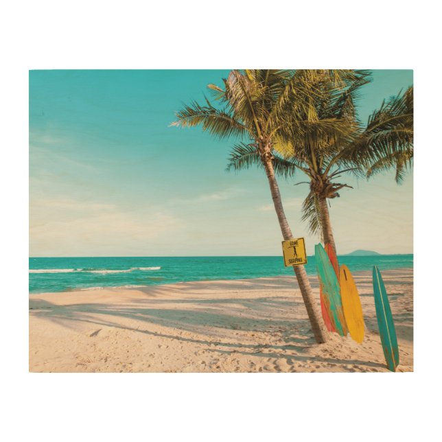 Surf boards on beach throw pillow wood wall art (Front)