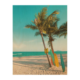 Surf boards on beach throw pillow wood wall art