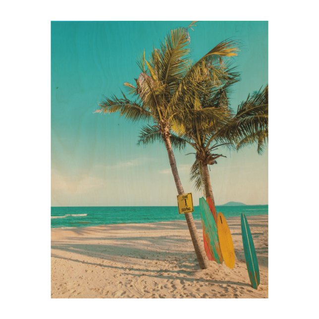Surf boards on beach throw pillow wood wall art (Front)