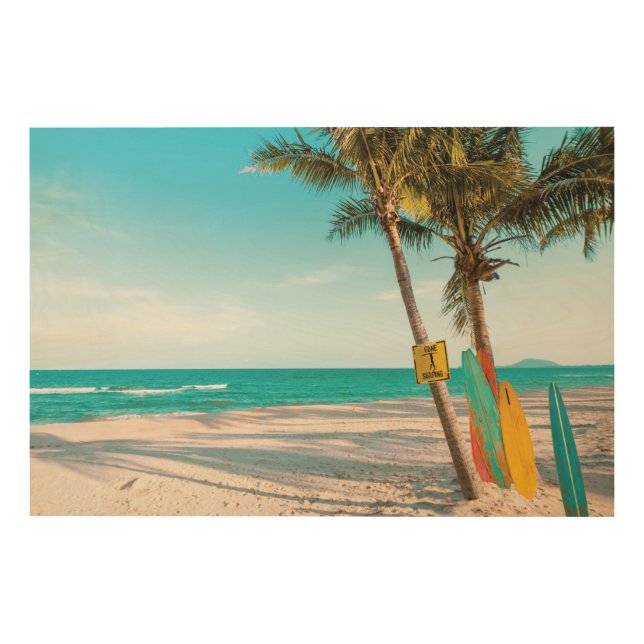 Surf boards on beach throw pillow wood wall art (Front)