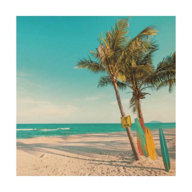 Surf boards on beach throw pillow wood wall art (Front)