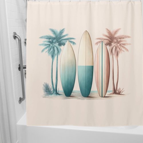 Surf boards palm trees retro green yellow shower curtain