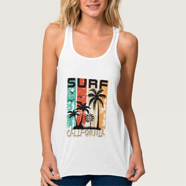 Surf California palm tree beach design  Tank Top (Front)