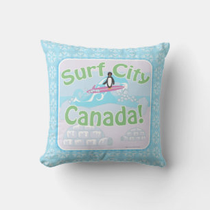 Surf City Canada Fun Penguin Cartoon Throw Pillow
