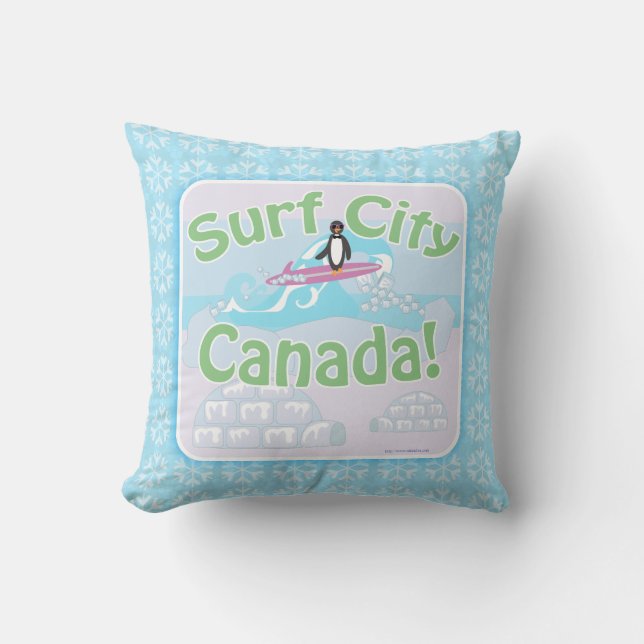 Surf City Canada Fun Penguin Cartoon Throw Pillow (Front)