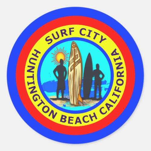 SURF CITY HUNTINGTON BEACH CALIFORNIA CLASSIC ROUND STICKER