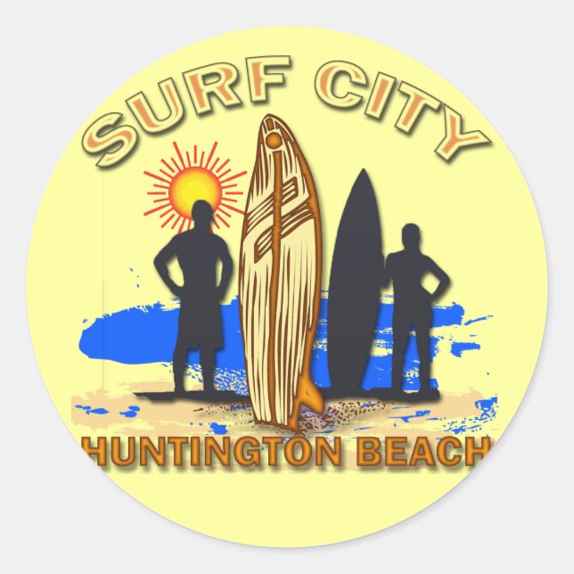 SURF CITY HUNTINGTON BEACH CLASSIC ROUND STICKER (Front)