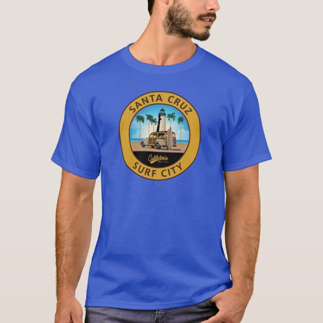 Surf City Logo Lighthouse with Woodie Sticker Wood T-Shirt (Front)