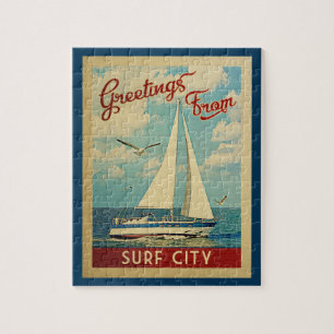 Surf City Sailboat Vintage Travel New Jersey Jigsaw Puzzle