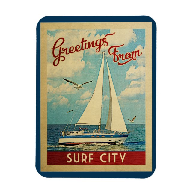 Surf City Sailboat Vintage Travel New Jersey Magnet (Vertical)