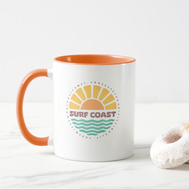 Surf Coast Vintage Sunset Beach Retro Design Mug (With Donut)