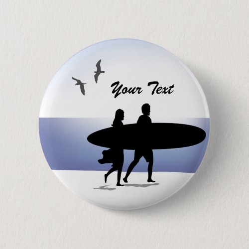 Surf Couple on the Beach Pin Back Button