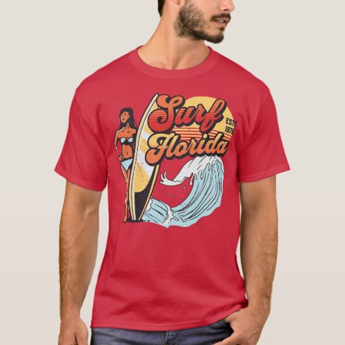 Surf Florida Vintage Surfer Babe Retro Surfing T_Shirt