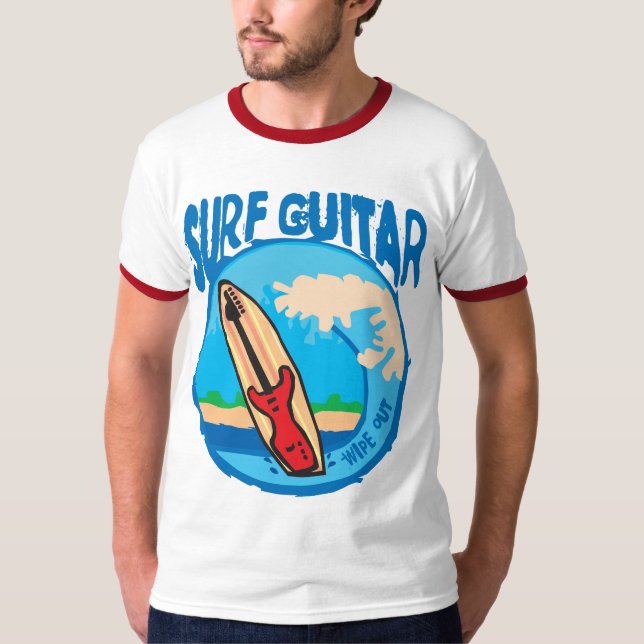 Surf Guitar: Red Guitar on Surfboard. Wipe Out! T-Shirt (Front)